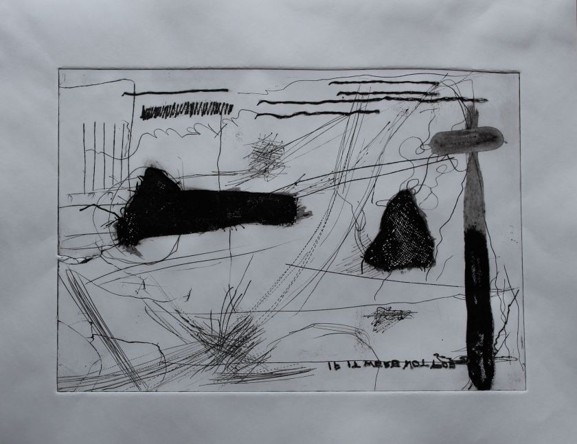 Gestural marks on perspex, with collograph